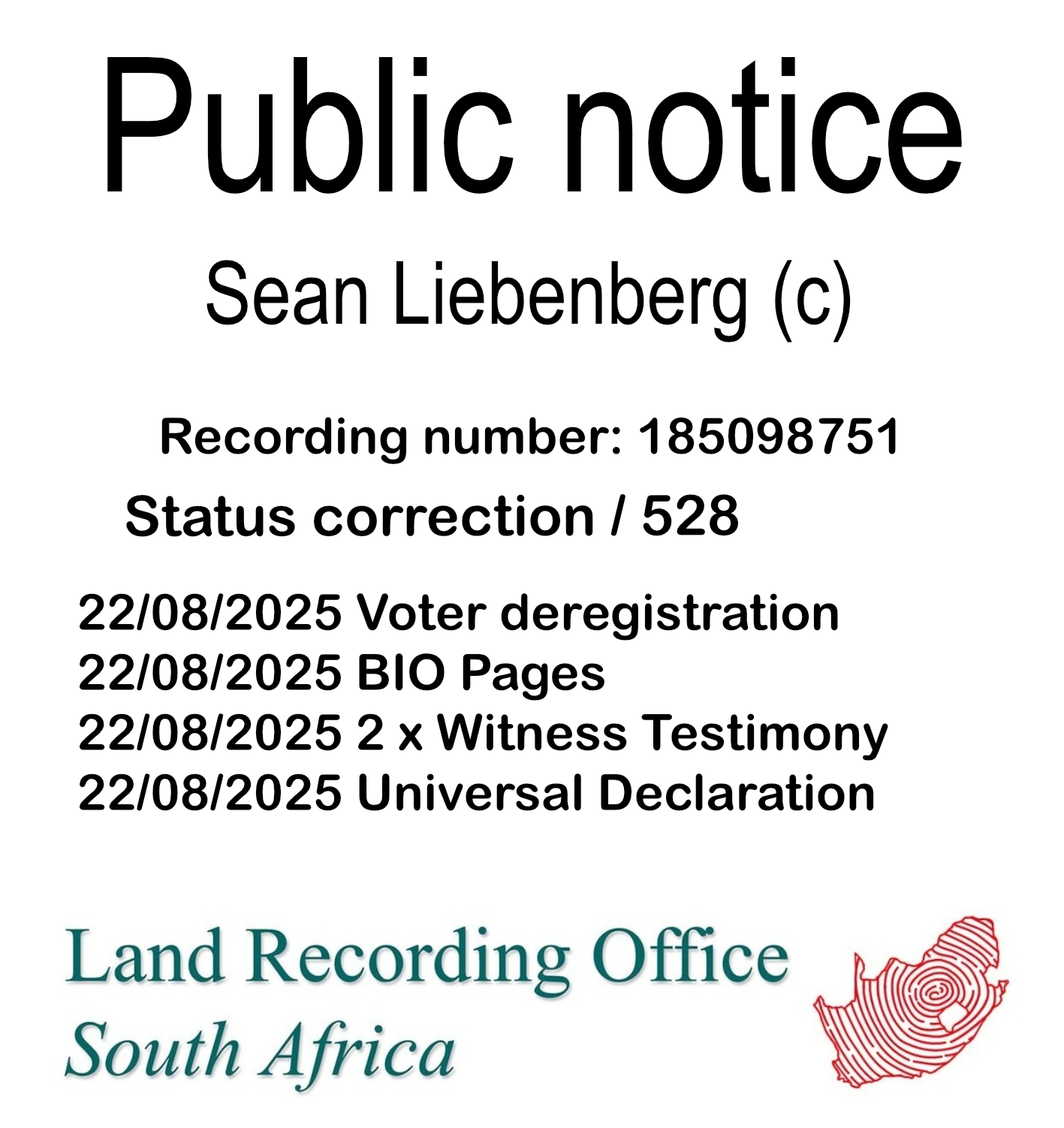 Public notice Sean Liebenberg (c) Recording number 185098751